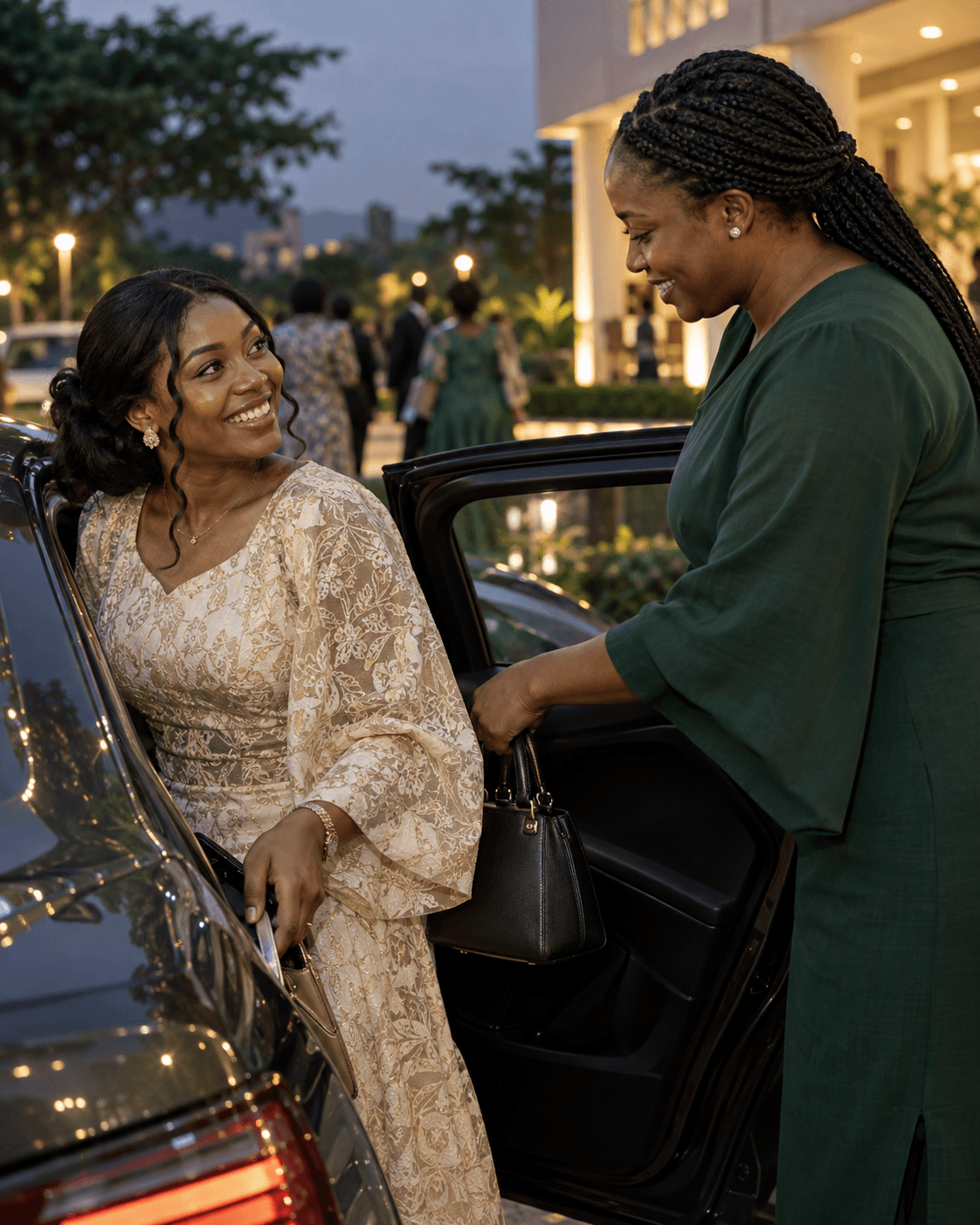 A smiling passenger being welcomed by her community driver.