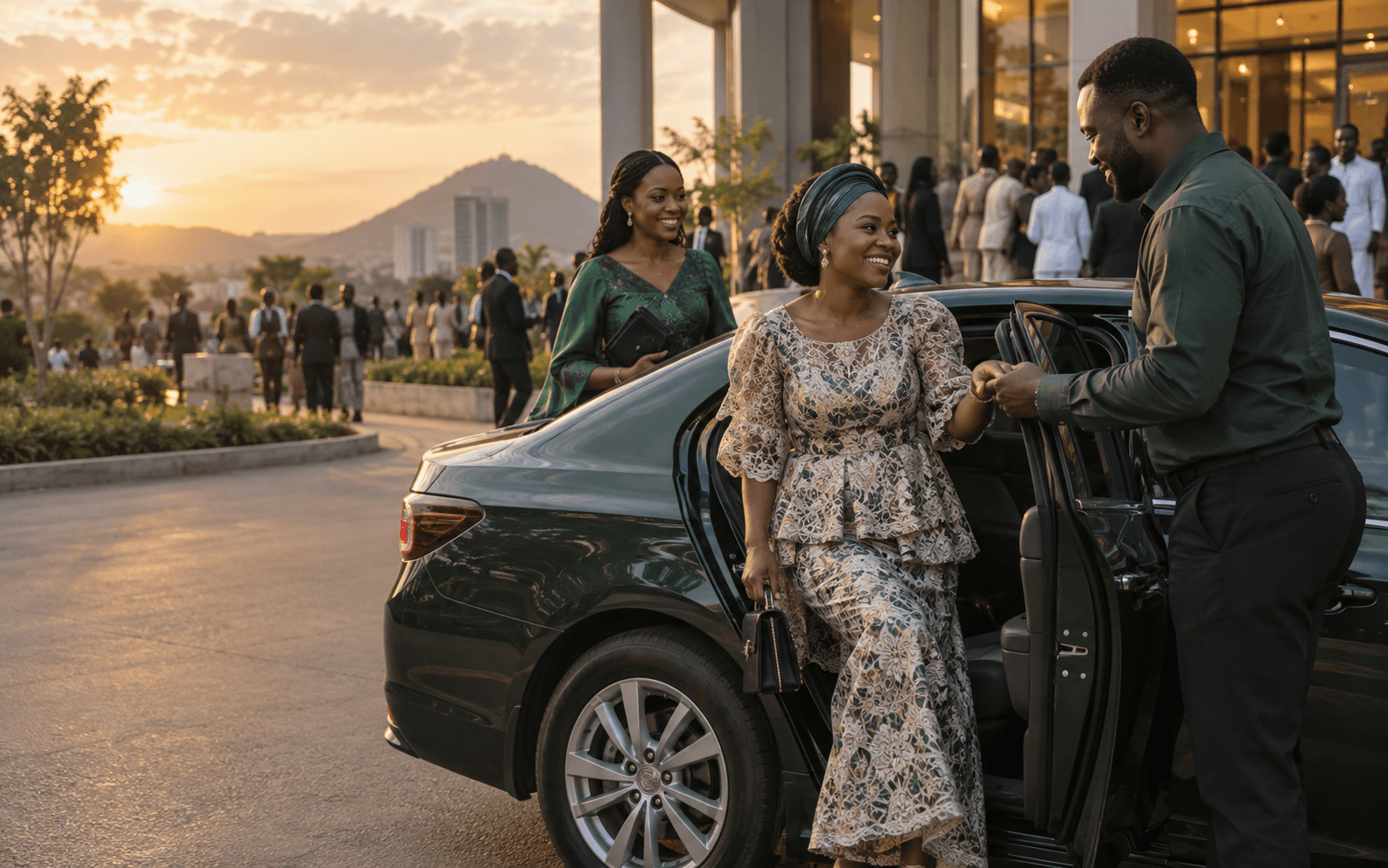 A smiling passenger meeting her driver outside a community gathering.